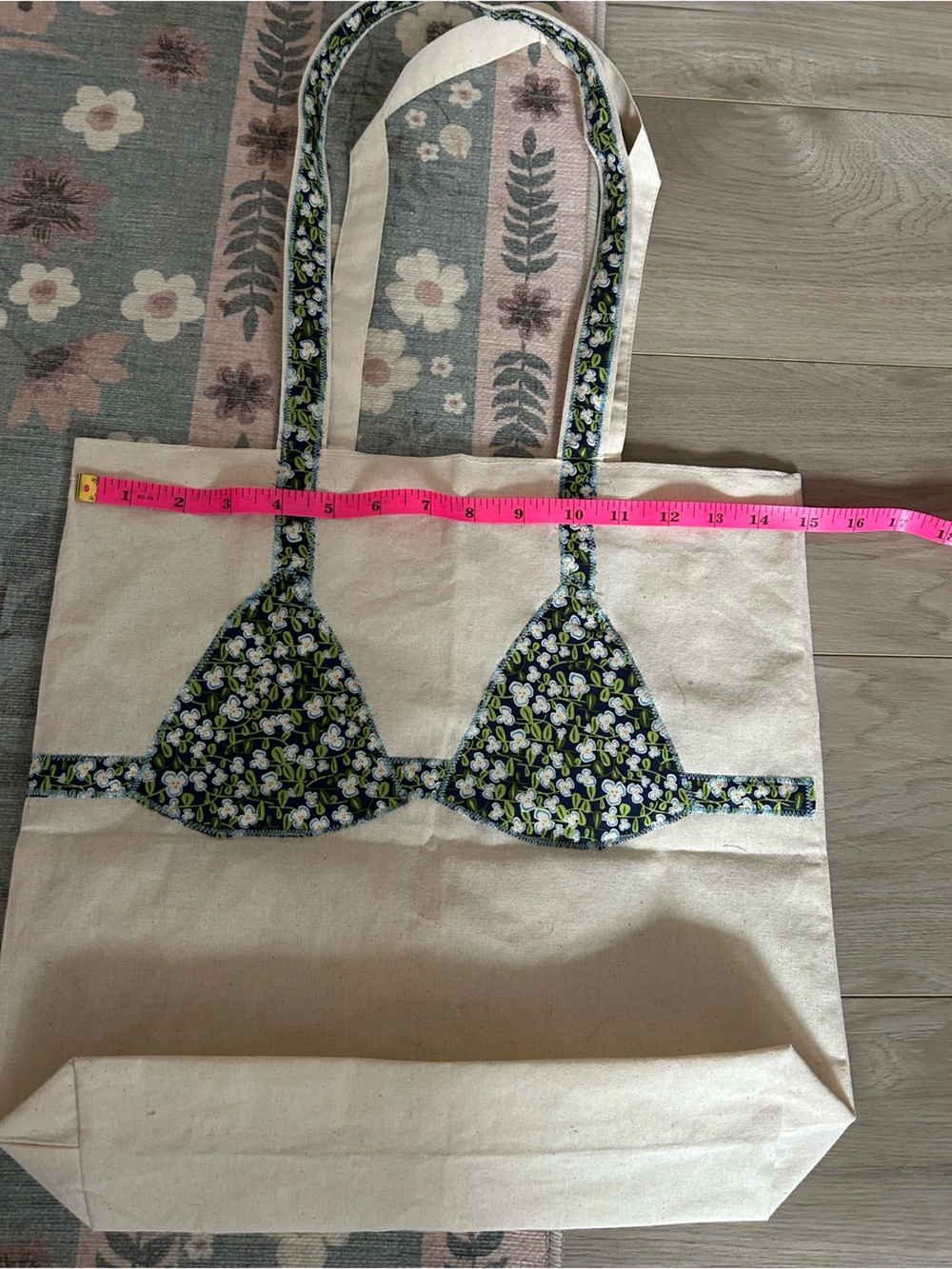 Canvas Tote with Floral Accent Straps - Navy & Green - Picture 2 of 3
